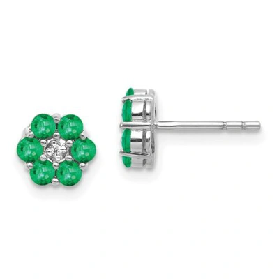 Pre-owned Goldia 14k White Gold Polished Emerald & Diamond Post Earrings