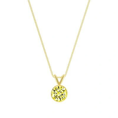 Pre-owned Shine Brite With A Diamond 1.25 Ct Round Cut Canary Solid Real 14k Yellow Gold Bezel Pendant 18" Necklace