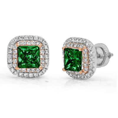 Pre-owned Pucci 2.52ct Princess Round Halo Stud Simulated Emerald Earrings Solid 14k 2 Tone Gold In D