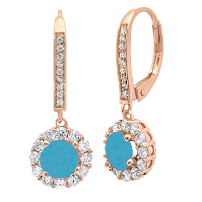 Pre-owned Pucci 3.5ct Round Halo Drop Dangle Simulated Turquoise Earrings 14k Rose Pink Gold