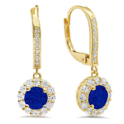 Pre-owned Pucci 3.55 Round Halo Drop Dangle Simulated Blue Sapphire Earrings 14k Yellow Gold