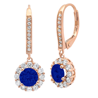 Pre-owned Pucci 3.5ct Round Halo Drop Dangle Simulated Blue Sapphire Earrings 14k Rose Pink Gold