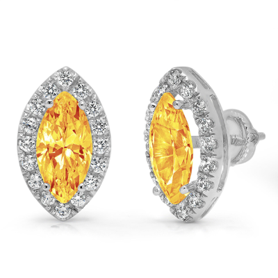 Pre-owned Pucci 3.64 Ct Mq Round Cut Halo Classic Stud Natural Citrine Earrings 14k White Gold In Yellow