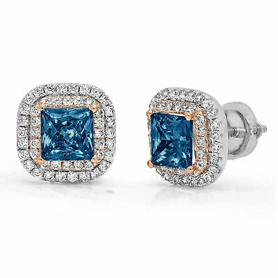 Pre-owned Pucci 2.52ct Princess Round Halo Classic Stud Royal Blue Topaz Earrings 14k 2tone Gold In D