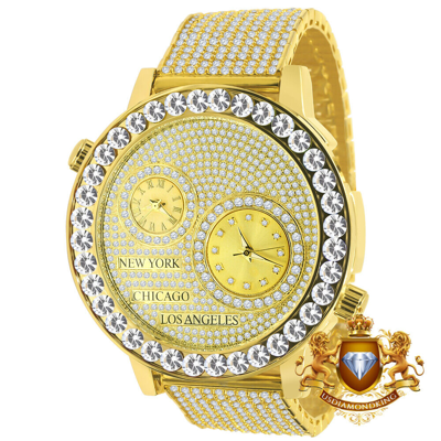 Pre-owned Solitaire 2 Time Zone Chronograph Real Diamond Dial 18k Yellow Gold Finish Watch