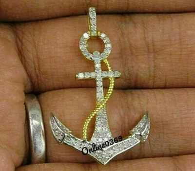 Pre-owned Online0369 1ct Men's Small Anchor Charm Pendant 10k Real Yellow Gold Natural White Diamond