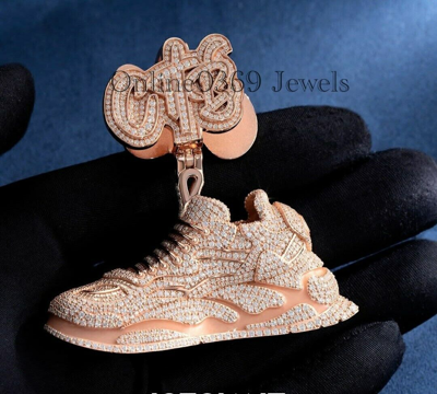 Pre-owned Online0369 Rose Gold Plated Men's Vvs Simulated Diamond Super 3d Shoes Pendant 925 Silver In White