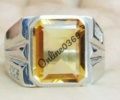 Pre-owned Online0369 November Birth Stone Men's Emerald Citrine Simulated Statement Pinky Ring Silver In Yellow