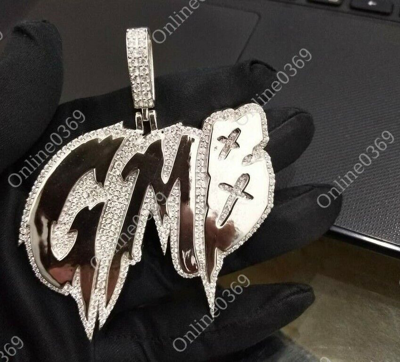Pre-owned Online0369 2 Ct Round Cubic Zirconia Mens Customize Logo Energetic Pendant In 925 Silver In White