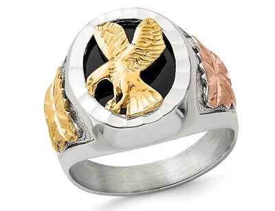 Pre-owned Harmony Mens Flying Eagle Sterling Silver Ring With Black Enamel In Yellow
