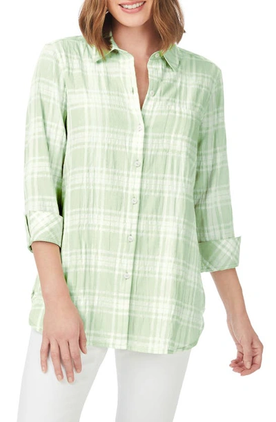 Foxcroft Germaine Plaid Tunic Blouse In Sea Mist