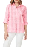 Foxcroft Faith Beach Plaid Button-up Tunic Shirt In Pink Champagne