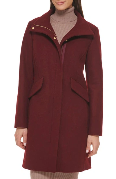 Cole Haan Signature Wool Blend Melton Coat In Burgundy