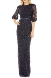 Mac Duggal Sequin Sheer Sleeve Sheath Gown In Midnight