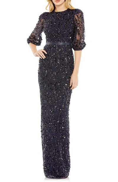 Mac Duggal Sequin Sheer Sleeve Sheath Gown In Midnight