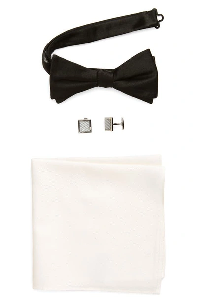 Nordstrom Formal Silk Bow Tie, Silk Pocket Square & Cuff Links Set In Black
