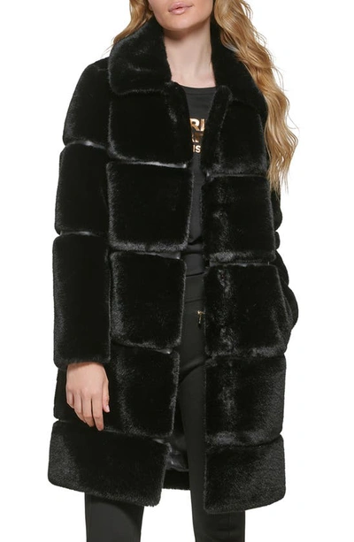Karl Lagerfeld Quilted Longline Faux Fur Coat In Black