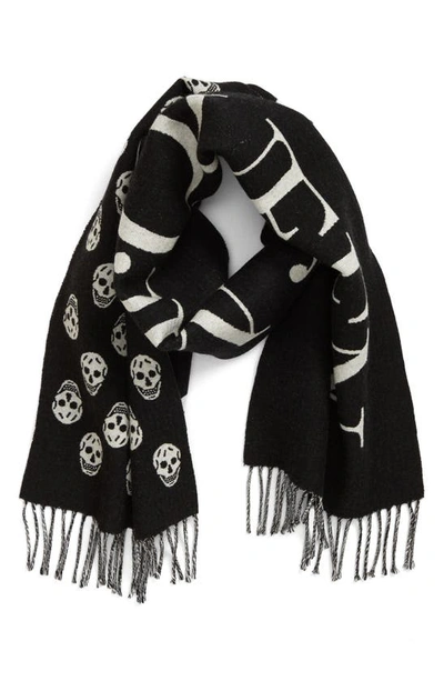 Alexander Mcqueen Reversible Skull & Logo Wool Scarf In Black/ Ivory