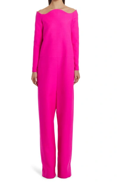 Valentino Off-the-shoulder Wool And Silk-blend Crepe Jumpsuit In Pink