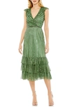 Mac Duggal Sequined Wrap Over Cap Sleeve Ruffle Hem Dress In Sage