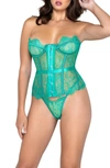 Roma Confidential Fantasy Lace Underwire Bustier & G-string Thong Set In Green