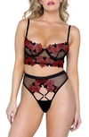 Roma Confidential Rosa Bella Underwire Bra & Thong Set In Black/ Red