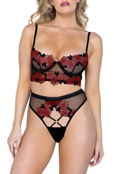 Roma Confidential Rosa Bella Underwire Bra & Thong Set In Black/ Red