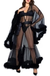 Roma Confidential Hollywood Glam Feather Trim Mesh Robe In Black