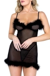 Roma Confidential After Hours Feather Trim Mesh Chemise With G-string Thong In Black
