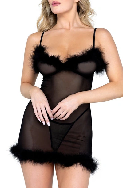 Roma Confidential After Hours Feather Trim Mesh Chemise With G-string Thong In Black