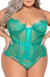 Roma Confidential Fantasy Lace Underwire Bustier & G-string Thong Set In Green