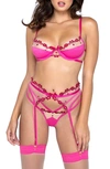 Roma Confidential Kiss & Tell Underwire Bra, Garter Belt & Thong Set In Pink