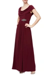 Alex Evenings Cowl Neck Beaded Waist Gown In Merlot