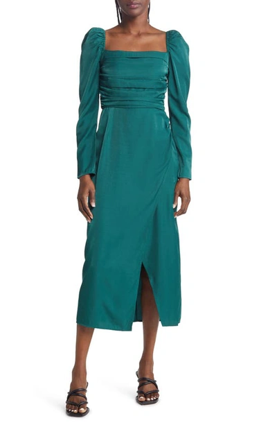 Charles Henry Ruched Long Sleeve Midi Dress In Green