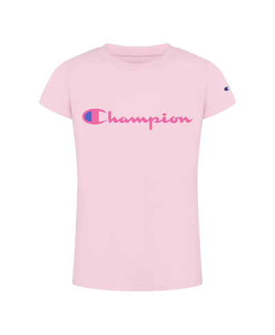 Champion Kids' Big Girls Classic Script Short Sleeve Graphic T-shirt In Pink Ribbon