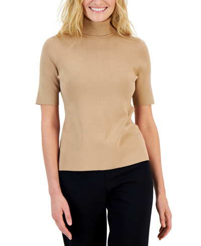 Anne Klein Petite Half-sleeve Turtleneck Sweater In Light Coffee