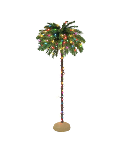 Puleo 6' Pre-lit Palm Tree With 150 Underwriters Laboratories Multi Color Incandescent Lights, 70 Tips In Green