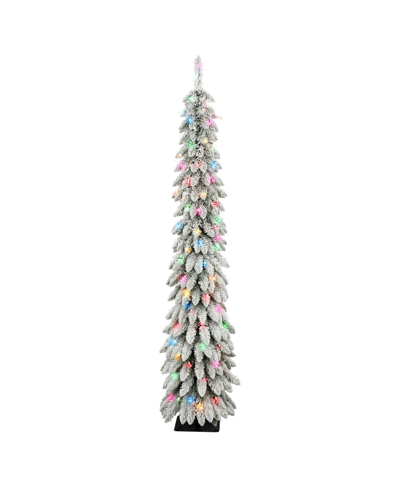 Puleo 6' Pre-lit Flocked Alpine Pencil Tree With 100 Underwriters Laboratories Multi-color Incandescent Li In Green