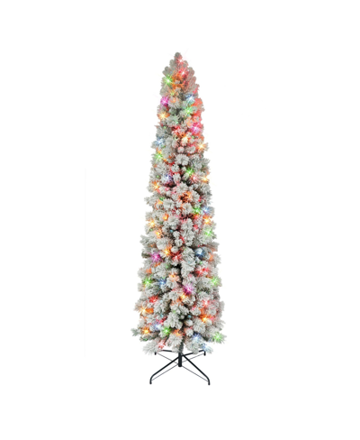 Puleo 6.5' Flocked Portland Pine Pencil Tree With 300 Underwriters Laboratories Multi Color Incandescent L In Green