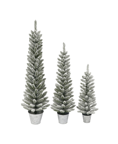 Puleo 3', 4' And 5' Potted Flocked Pencil Trees With 322 Tips Galvanized Pot, Set Of 3 In Green