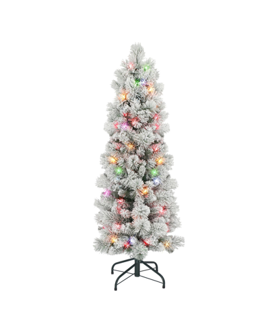 Puleo 4.5' Flocked Portland Pine Pencil Tree With 100 Underwriters Laboratories Multi-color Incandescent L In Green