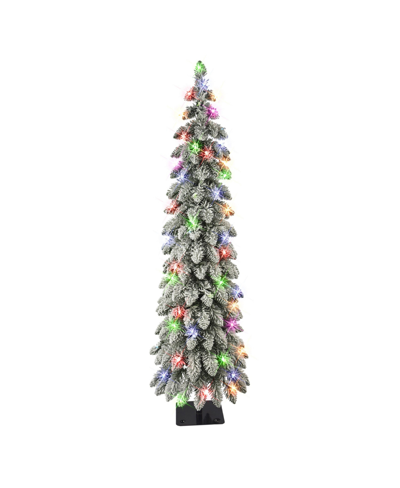 Puleo 4' Pre-lit Flocked Alpine Pencil Tree With Multi-color Incandescent Lights In Green