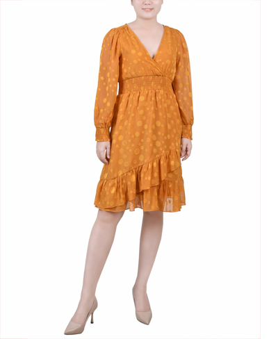 Ny Collection Petite Long Sleeve Smocked Waist Dress In Mustard Multi Dot