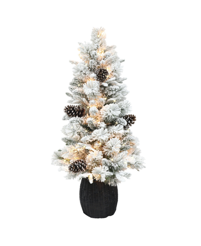 Puleo 4.5' Pre-lit Flocked Potted Tree With Clear Incandescent Lights And Plastic Rattan-look Base In Green
