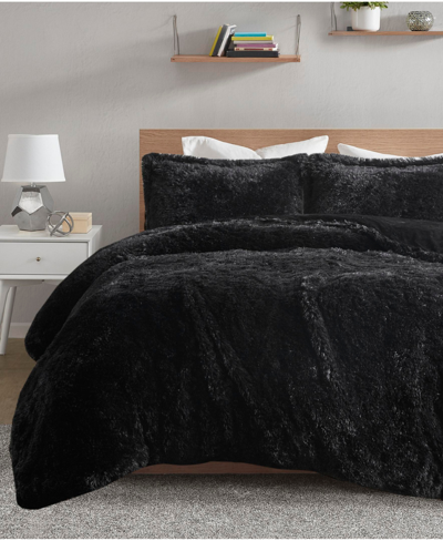 Intelligent Design Malea 2 Pieces Twin Shaggy Faux Fur Duvet Cover Set In Black