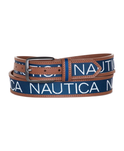 Nautica Men's Logo Ribbon With Leather Trim Belt In Navy