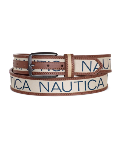 Nautica Men's Logo Ribbon With Leather Trim Belt In Beige