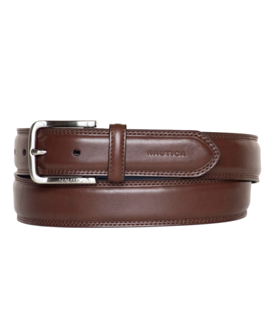 Nautica Men's Inlay Logo Signature Double Stitch Leather Belt In Brown