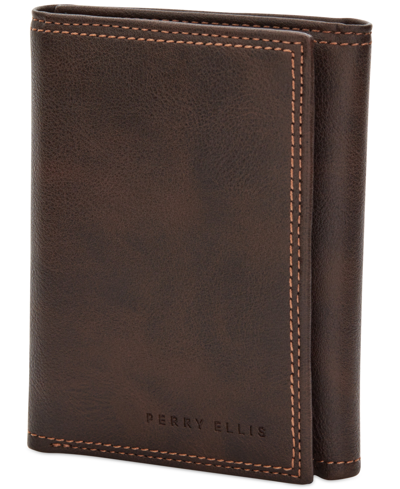 Perry Ellis Portfolio Men's Leather Trifold Wallet In Beige