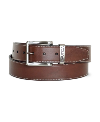 Nautica Men's Leather Jean Belt With Signature Engraved Keeper In Brown